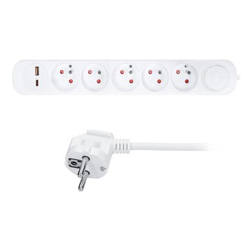 Predlžovací kábel s 5 zásuvkami a vypínačom, s USB nabíjaním (A + C), 3 m