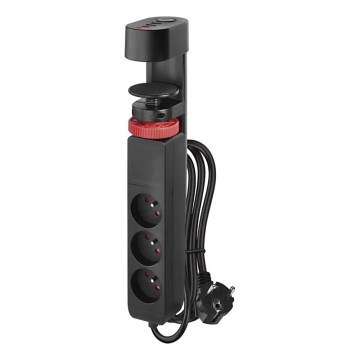 Predlžovací kábel s uchytením na stôl 3Z + 3xUSB 1,5m čierna