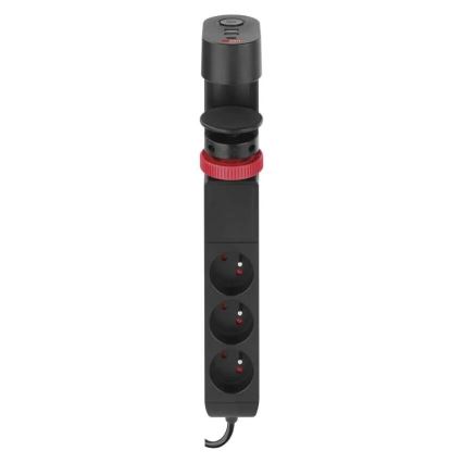 Predlžovací kábel s uchytením na stôl 3Z + 3xUSB 1,5m čierna