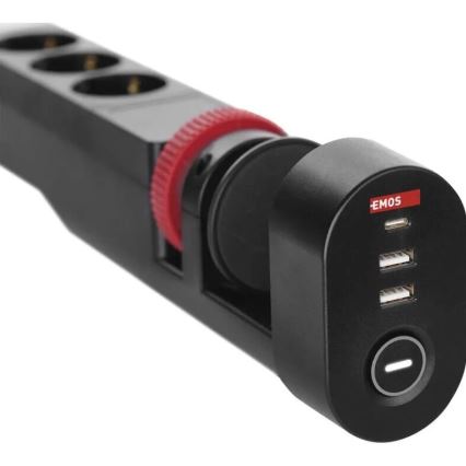 Predlžovací kábel s uchytením na stôl 3Z + 3xUSB 1,5m čierna