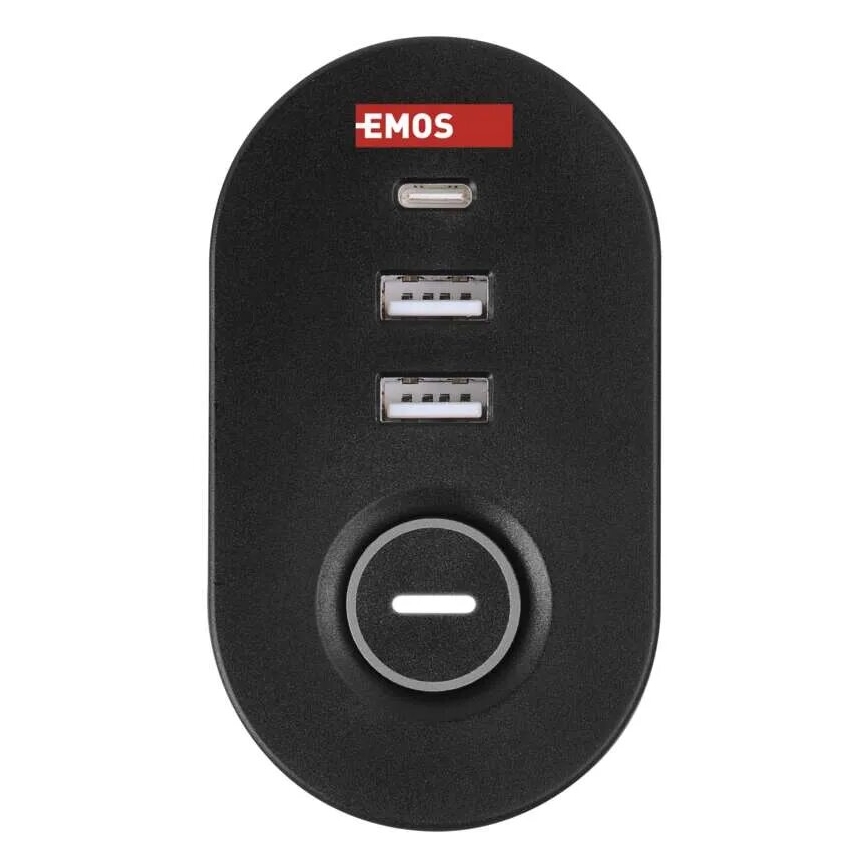 Predlžovací kábel s uchytením na stôl 3Z + 3xUSB 1,5m čierna