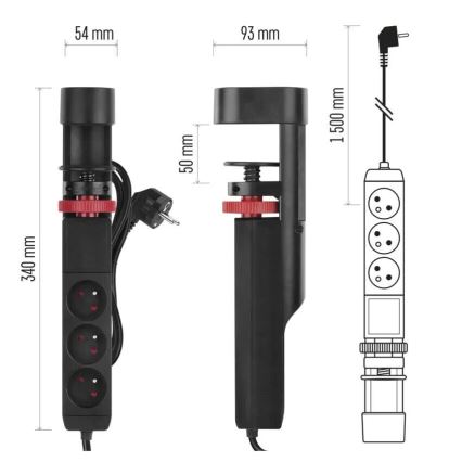 Predlžovací kábel s uchytením na stôl 3Z + 3xUSB 1,5m čierna