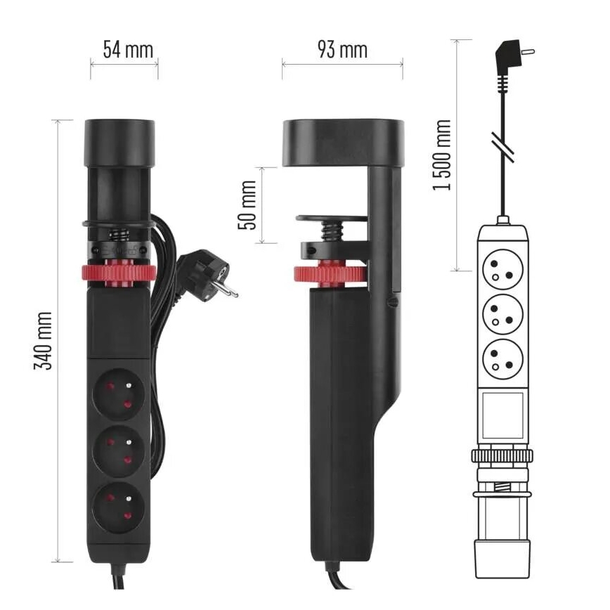 Predlžovací kábel s uchytením na stôl 3Z + 3xUSB 1,5m čierna