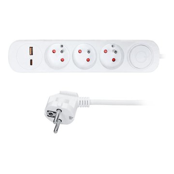 Predlžovací kábel s vypínačom, 3 zásuvky a USB A+C na nabíjanie, 2 m