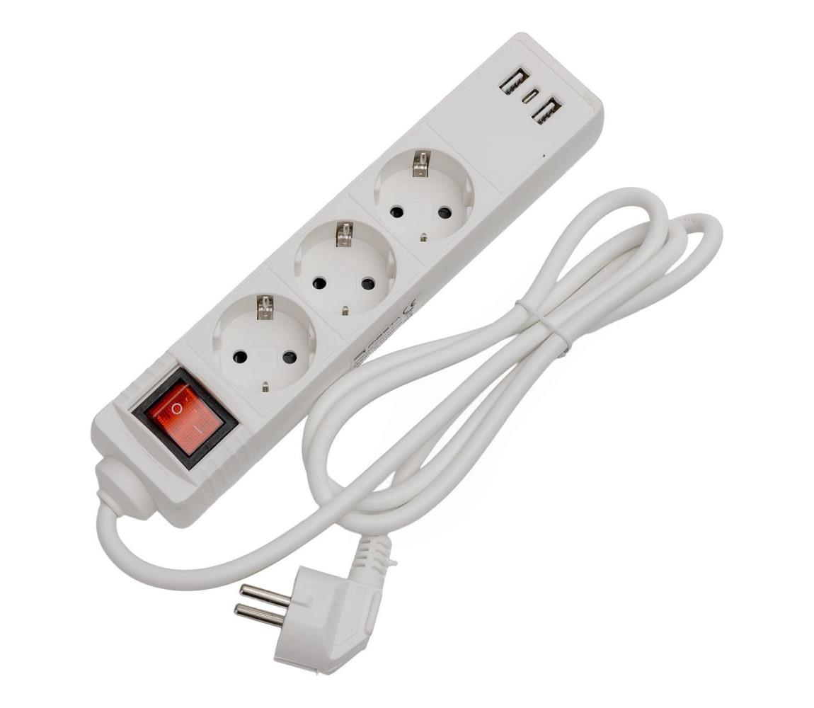 Predlžovací kábel s vypínačom 3Z+2xUSB-A+1xUSB-C 1,5m SCHUKO biela FL3G15WUSB