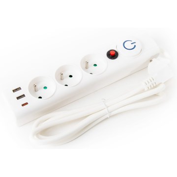 Predlžovací kábel s vypínačom 3Z Typ E + 2xUSB-A + 1xUSB-C 1,5m