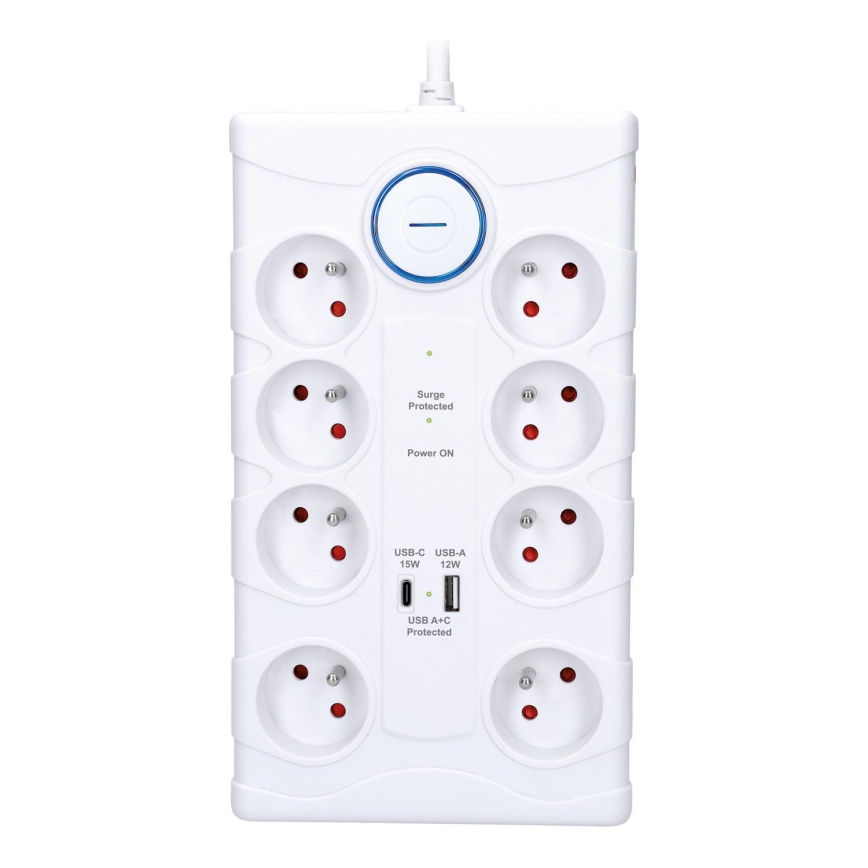 Predlžovací kábel s vypínačom a prepäťovou ochranou 8Z Typ E + 1xUSB-A + 1xUSB-C 2m biela