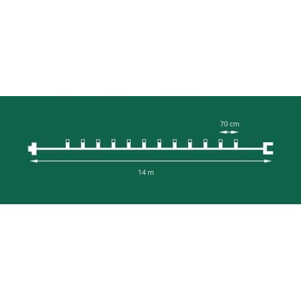 Dlhá tyč s pravidelne rozmiestnenými výstupkami, dlhá 14 metrov, s rozstupom výstupkov 70 cm, je znázornená na tmavozelenom pozadí.