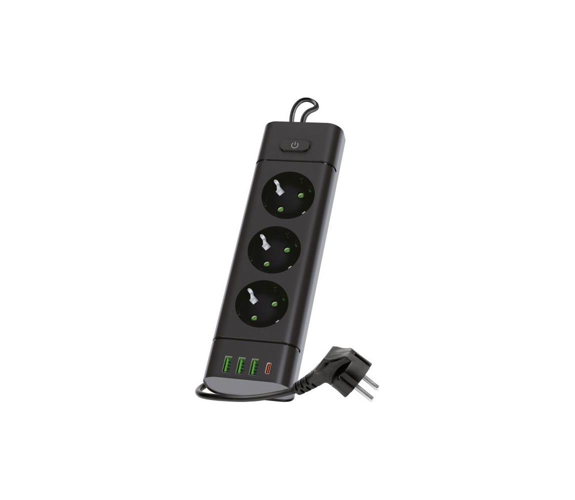 Predlžovacia zásuvka s vypínačom LINEA PRO 3x230V + 3xUSB-A + 1xUSB-C SCHUKO 3 m čierna 004207