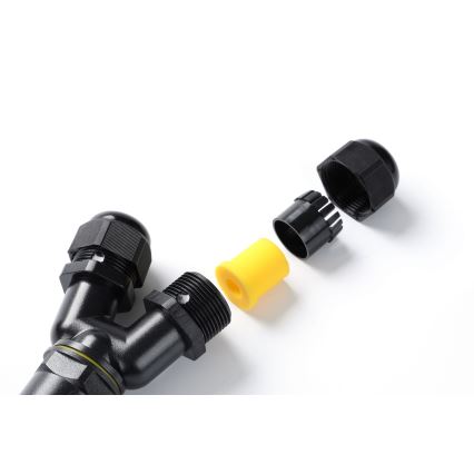 Rozbočovač káblov – je rozložený na jednotlivé diely – na bielom podklade.