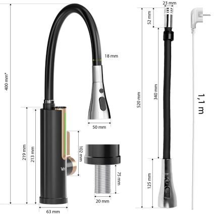 Prietokový ohrievač vody s LED displejom 3000W/230V IPX4 čierny