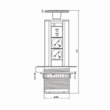 Prípojný zásuvkový stĺpik na dosku stola 2x230V +USB-A 3,1A +UBS-C 15,5W 230V