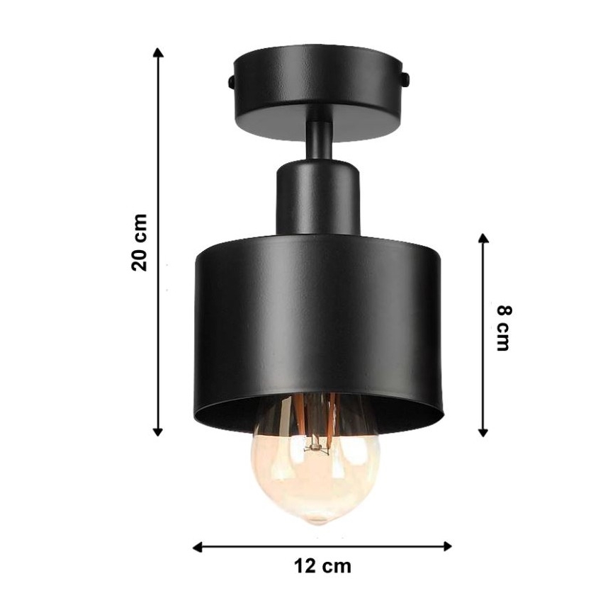Čierna stropná lampa s valcovým tienidlom osvetľuje priestor. Rozmery: výška 20 cm, priemer tienidla 8 cm, priemer žiarovky 12 cm.
