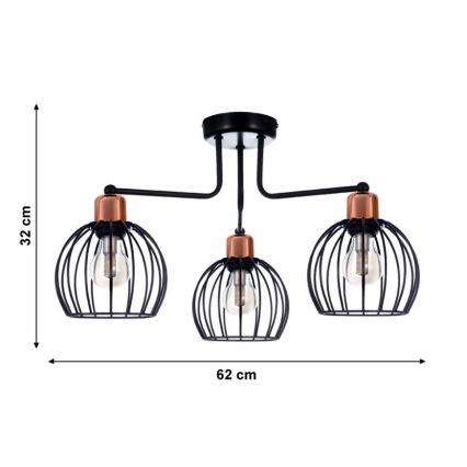 Trojramenné stropné svietidlo s kovovými tienidlami v tvare gule, medenými detailmi a žiarovkami. Rozmery: 62 cm (šírka), 32 cm (výška).