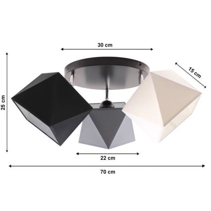 Trojramenné stropné svietidlo s geometrickými tienidlami v sivej, čiernej a béžovej farbe. Tienidlá sú upevnené na kruhovom podstavci. Rozmery: 70 x 30 x 22 cm, výška 25 cm, šírka 15 cm.