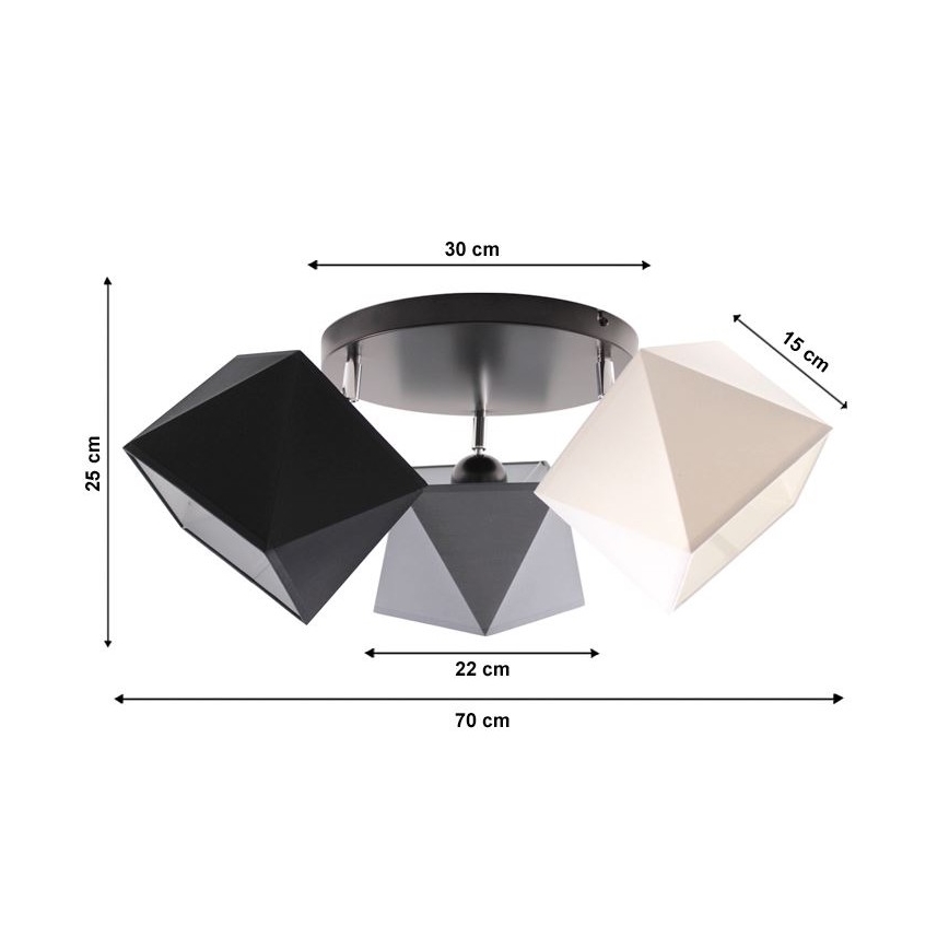 Trojramenné stropné svietidlo s geometrickými tienidlami v sivej, čiernej a béžovej farbe. Tienidlá sú upevnené na kruhovom podstavci. Rozmery: 70 x 30 x 22 cm, výška 25 cm, šírka 15 cm.