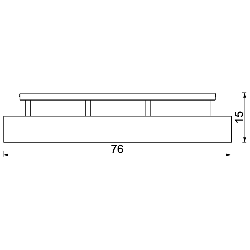 Svietidlo je pripevnené k stropu. Má obdĺžnikový tvar s rozmermi 76 x 15. Dve nosné tyče držia stredovú lištu so svetlom.