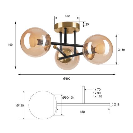 Prisadený luster MALENA 3xE14/5W/230V zlatá/čierna/dymová béžová