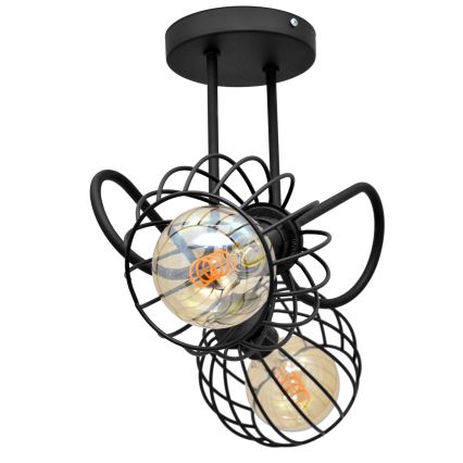 Trojramenné stropné svietidlo s čiernym kovovým telom a dvomi klietkami okolo žiaroviek, ktoré sú umiestnené na dvoch ramenách. Tretí ramienko drží celú konštrukciu.