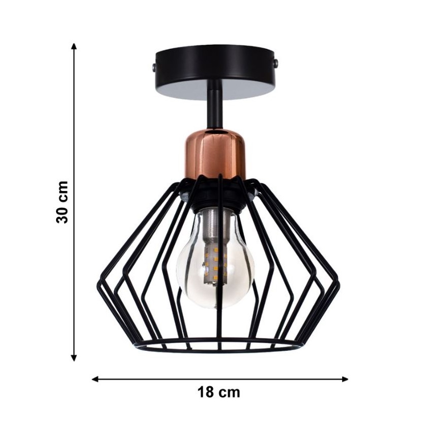 Svietidlo s kovovou konštrukciou a medeným detailom visí zo stropu. Rozmery: výška 30 cm, priemer 18 cm.