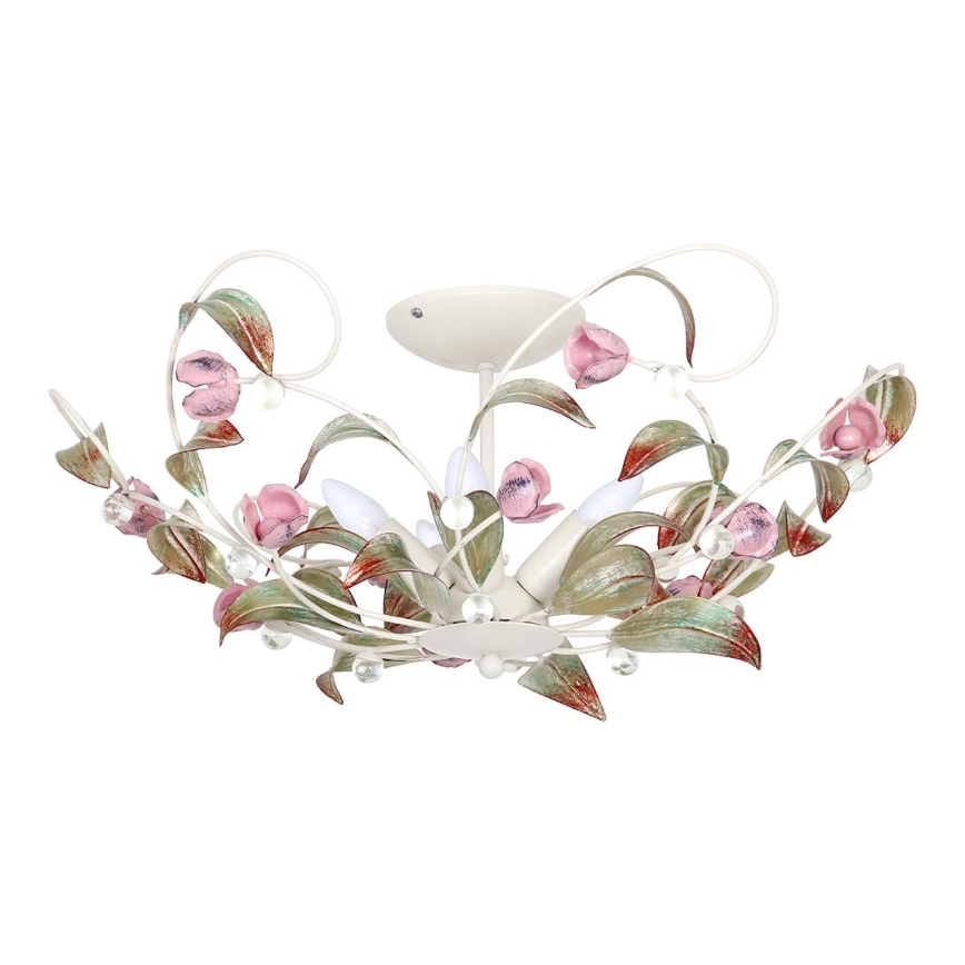 Svietidlo s kvetinovým dizajnom visí zo stropu. Je biele s ružovými a zelenými kovovými kvetmi a listami, ozdobené krištáľovými guličkami. Svetlo je určené na montáž na strop.