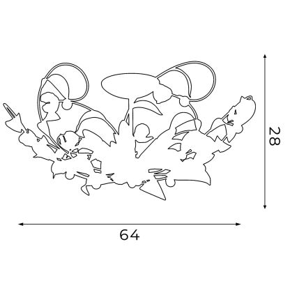 Technický výkres znázorňuje nástennú lampu s kvetinovým motívom. Rozmery sú 64 x 28.