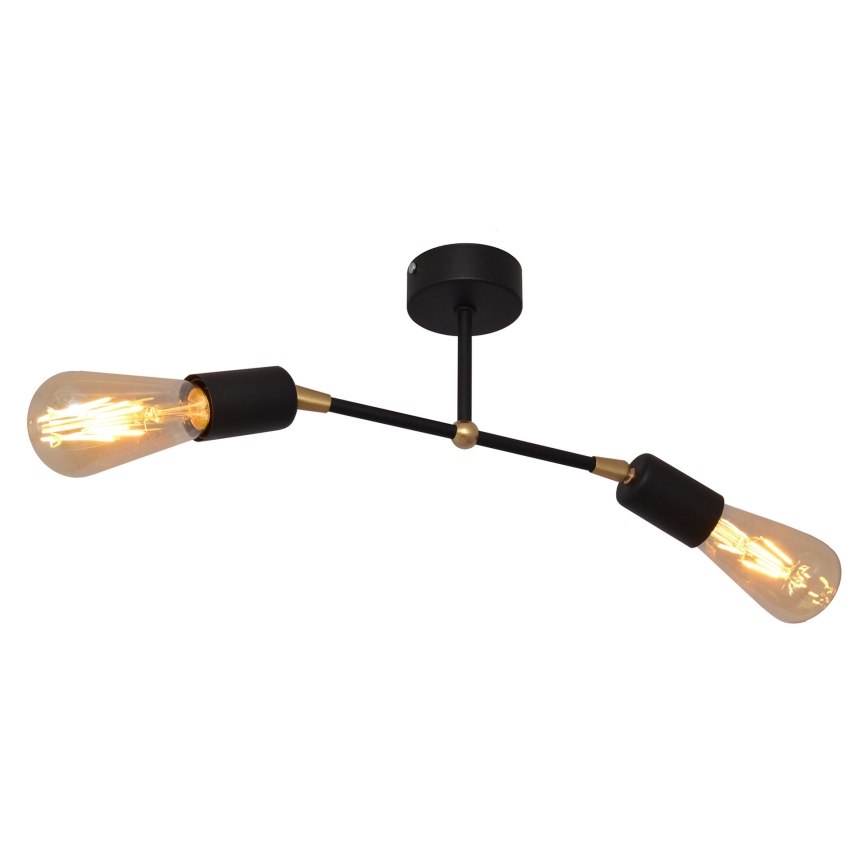 Dvojramenné stropné svietidlo s dvoma žiarovkami svieti. Čierne kovové ramená sú spojené zlatými spojmi. Svietidlo je pripevnené k stropu.