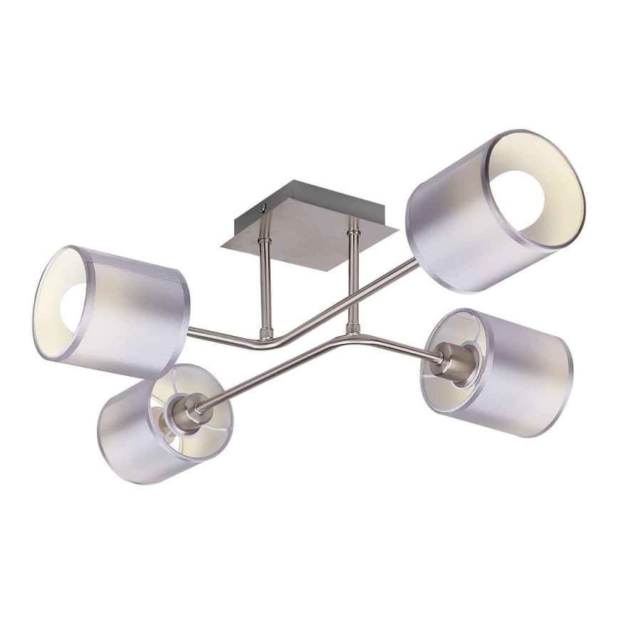 Stropné svietidlo s piatimi valcovými tienidlami v striebornej farbe je pripevnené k stropu. Tienidlá sú čiastočne priesvitné a majú vnútorné svetlo. Svietidlo je z kovu, s ramenami v tvare písmena X.