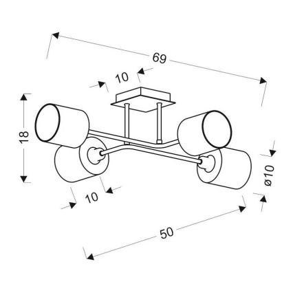 Trojramenné stropné svietidlo s valcovými tienidlami je pripevnené k stropu. Rozmery: celková šírka 50, výška 18, stredová časť 69, priemer tienidiel 10.