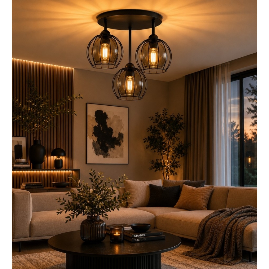 Prisadený luster SOLO BLACK 3xE27/60W/230V čierna/dymová pr. 30 cm