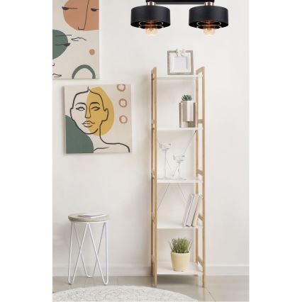 Dvojité stropné svietidlo svieti nad bielou policovou zostavou s kvetináčom a knihami. Na stene visia abstraktné obrazy.