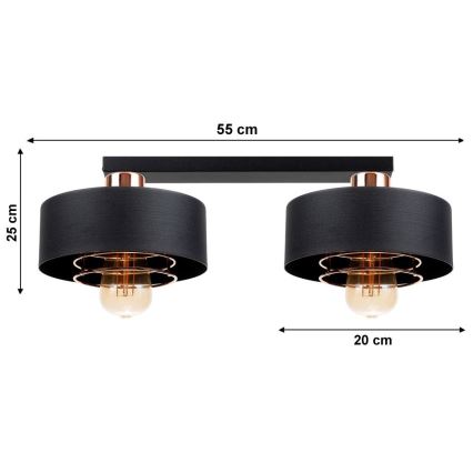 Dvojité stropné svietidlo s čiernymi tienidlami a medenými detailmi je pripevnené k čiernej lište. Rozmery: 55 cm (šírka), 25 cm (výška), 20 cm (vzdialenosť medzi tienidlami). Svietidlo obsahuje dve žiarovky.