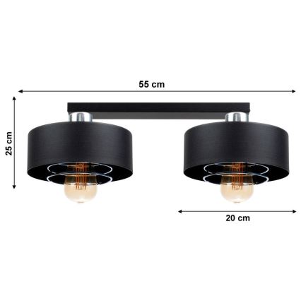 Dvojité stropné svietidlo s dvoma čiernymi tienidlami a žiarovkami. Svietidlo je pripevnené k čiernej tyči. Rozmery: 55 cm (šírka), 25 cm (výška), 20 cm (vzdialenosť medzi tienidlami).