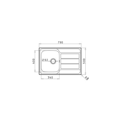 Drez s rozmermi 790x500x400 mm, s otvorom Ø92 mm a odtokovým systémom, je znázornený v čelnom pohľade s detailnými rozmermi.