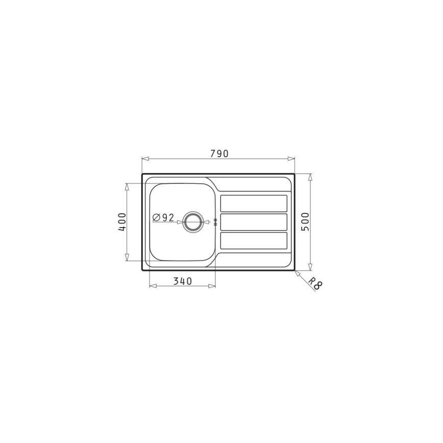 Drez s rozmermi 790x500x400 mm, s otvorom Ø92 mm a odtokovým systémom, je znázornený v čelnom pohľade s detailnými rozmermi.