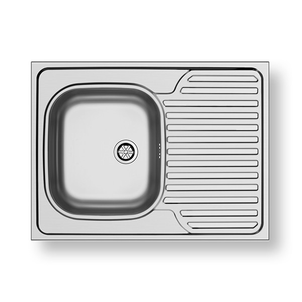 Nerezový drez s odkvapkávacou plochou je umiestnený na bielom pozadí. Drez má štvorcový tvar s odtokom a je zobrazený zhora.