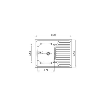 Drez s odkvapkávacou plochou je znázornený v čelnom pohľade s rozmermi: šírka 800 mm, hĺbka 410 mm a výška 609 mm. Drez má vnútorný priemer 370 mm a otvor pre batériu s priemerom 60 mm.