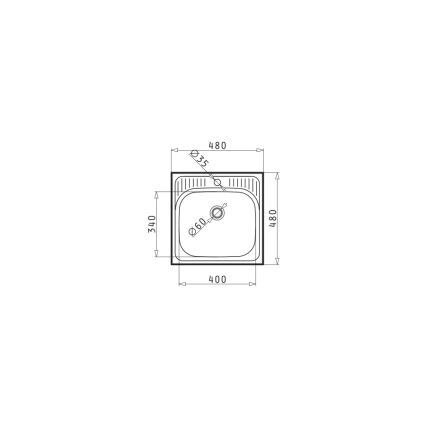 Drez s rozmermi 400x480 mm a hĺbkou 340 mm je znázornený v čelnom pohľade s detailnými rozmermi: šírka 480 mm, dĺžka 480 mm, hĺbka 340 mm a priemer výpustného otvoru 60 mm. Priemer otvoru pre batériu je 35 mm.