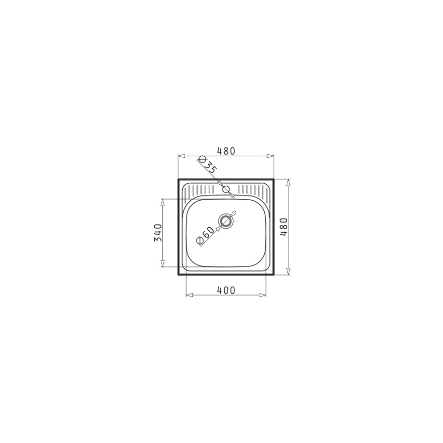Drez s rozmermi 400x480 mm a hĺbkou 340 mm je znázornený v čelnom pohľade s detailnými rozmermi: šírka 480 mm, dĺžka 480 mm, hĺbka 340 mm a priemer výpustného otvoru 60 mm. Priemer otvoru pre batériu je 35 mm.