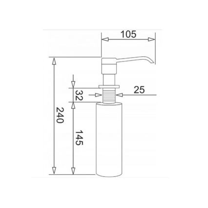 Dávkovač mydla s pumpičkou; rozmery: výška 240 mm, priemer 145 mm, výška pumpičky 105 mm, priemer závitu 25 mm, výška závitu 32 mm. Čiarky označujú rozmery.