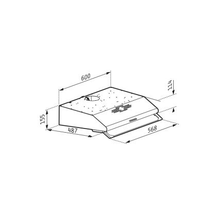 Kuchynská digestor je znázornená v trojštvrťovom pohľade s rozmermi: 600 x 487 x 155 mm a výška 114 mm. Šírka prednej časti je 568 mm.