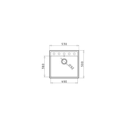 Návrh štvorcového umývadla s odtokom a otvormi pre batériu. Rozmery: 530 x 500 x 380 mm, vnútorné rozmery 490 x 490 mm. Priemer odtoku: 92 mm.