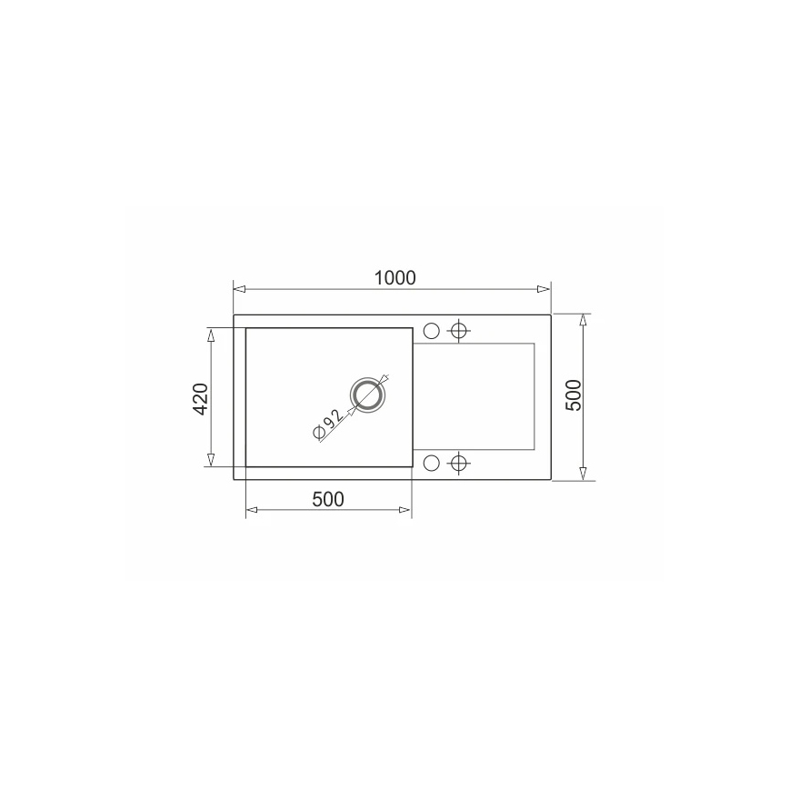 Drez s rozmermi 1000x500x420 mm je zobrazený v čelnom pohľade. Má jednu misu s priemerom otvoru 92 mm a dve otvory pre batériu.