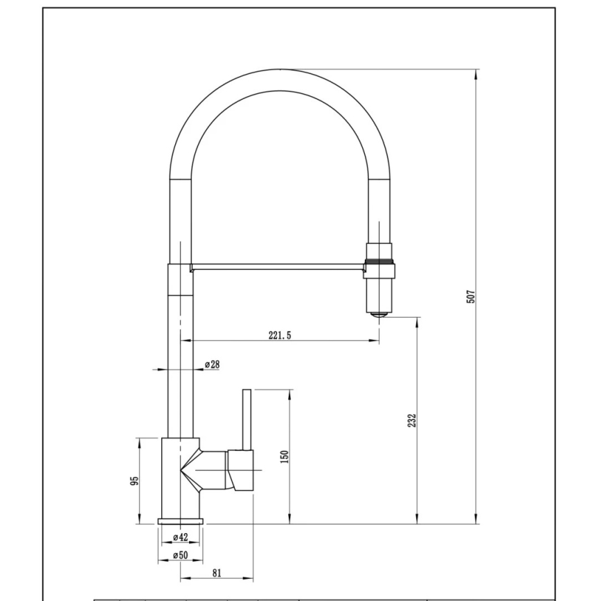 Kuchynská batéria s vysokým výtokom je znázornená v čiernobielej technickej kresbe s rozmermi: výška 507 mm, šírka výtoku 221,5 mm, výška batérie 232 mm, šírka základne 81 mm. Sú uvedené aj ďalšie rozmery jednotlivých častí batérie.