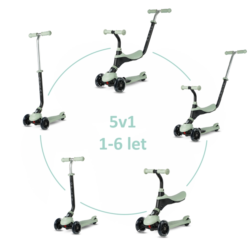 QPlay - Detská kolobežka s LED kolieskami 5 v 1 SEMA PRO zelená