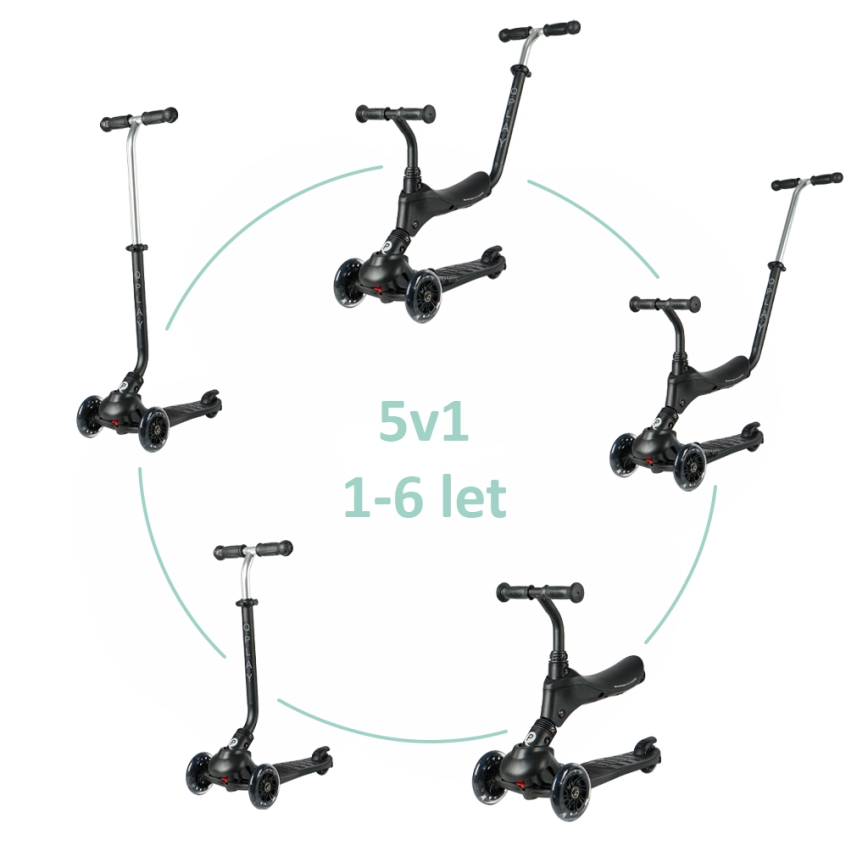 QPlay - Detská kolobežka SEMA PRO 5v1 s LED kolieskami, čierna