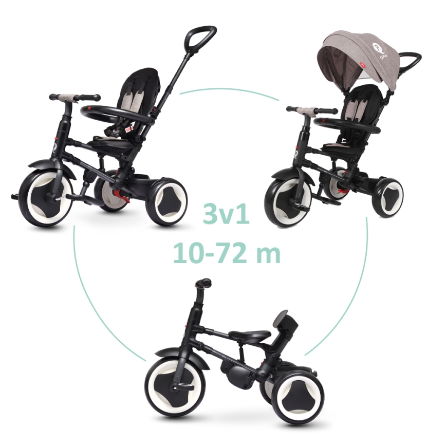 Trojkolka sa dá premeniť na tri varianty. Je určená pre deti od 10 do 72 mesiacov. Má čiernu kostru a čiastočne biele kolesá. Jeden variant obsahuje striešku.
