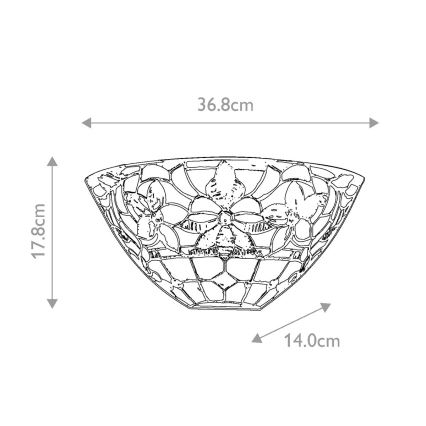 Svietidlo v tvare polmesiaca s kvetinovým vzorom je zobrazené s rozmermi: 36,8 cm (šírka), 17,8 cm (výška) a 14,0 cm (hĺbka).