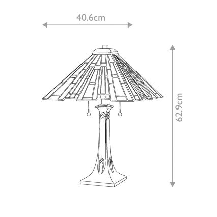 Stolová lampa s kužeľovitým tienidlom z farebného skla stojí na štíhlom podstavci. Rozmery: šírka 40,6 cm, výška 62,9 cm.