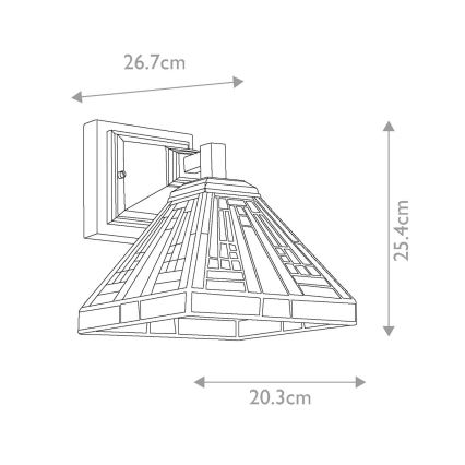 Nástená lampa s kužeľovitým tienidlom z farebného skla sa montuje na stenu. Rozmery: výška 25,4 cm, šírka 20,3 cm, hĺbka 26,7 cm.